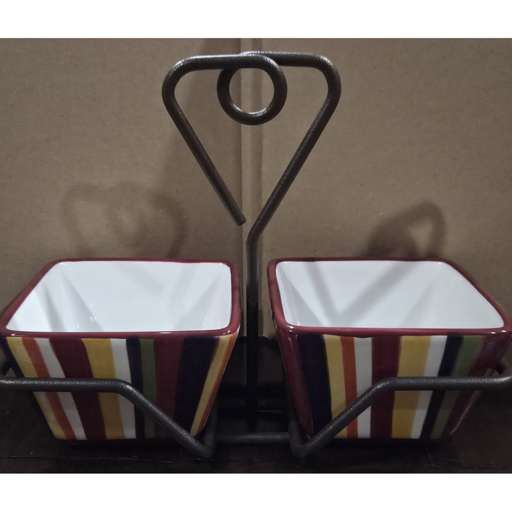 Pampered Chef Simple Additions Striped 4in Bowls Set/2 Wrought Iron Caddy